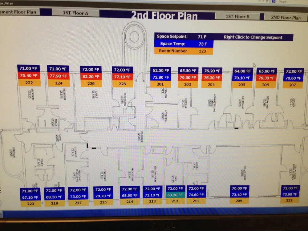Building automation floor plan and temperature monitoring screen